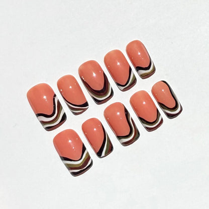 Retro Swirl Square Press On Nails |Coral Abstract Nail Set |70s Groovy Wave Nails
