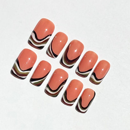 Retro Swirl Square Press On Nails |Coral Abstract Nail Set |70s Groovy Wave Nails