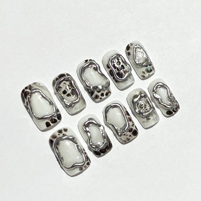 Silver Chrome Cute Cow Print Abstract Press On Nails | Metallic 3D Gel Nails | Black & White Animal Print Nail Set
