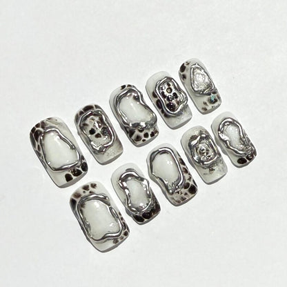 Silver Chrome Cute Cow Print Abstract Press On Nails | Metallic 3D Gel Nails | Black & White Animal Print Nail Set