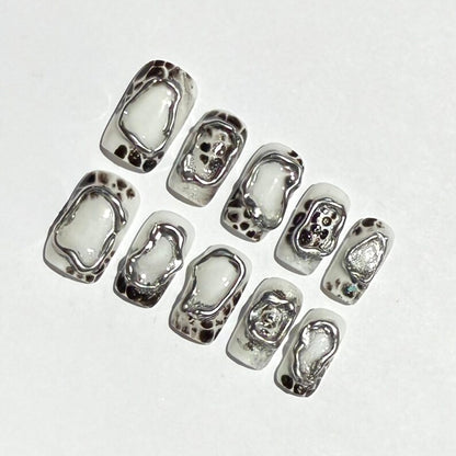 Silver Chrome Cute Cow Print Abstract Press On Nails | Metallic 3D Gel Nails | Black & White Animal Print Nail Set