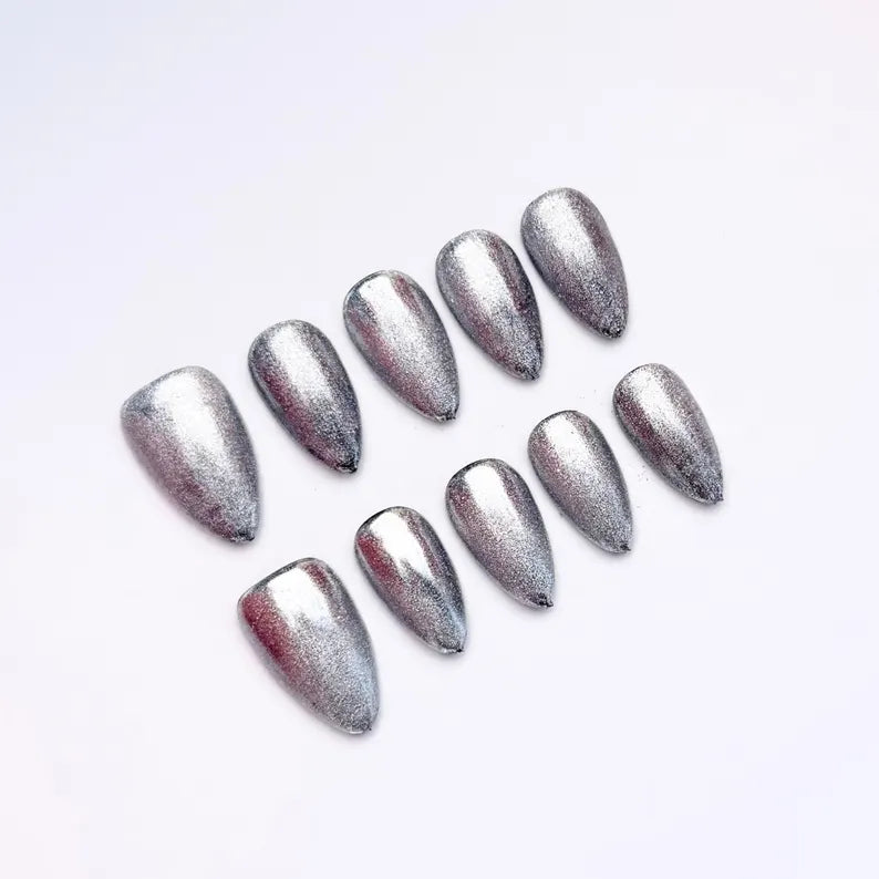 Silver Chrome Almond Press On Nails | Metallic Mirror Nail Set | Handmade Reusable False Nails