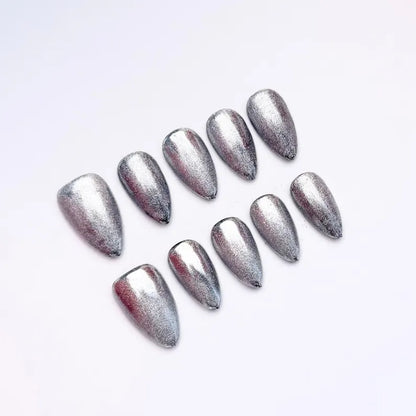 Silver Chrome Almond Press On Nails | Metallic Mirror Nail Set | Handmade Reusable False Nails