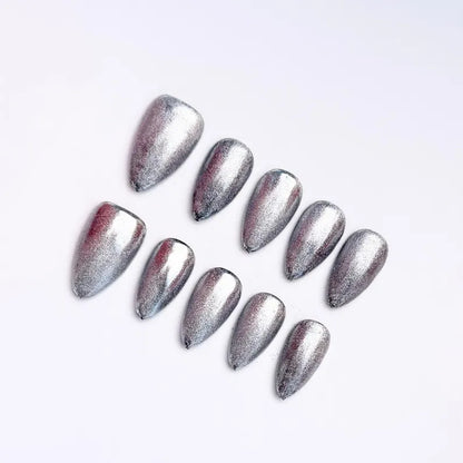 Silver Chrome Almond Press On Nails | Metallic Mirror Nail Set | Handmade Reusable False Nails