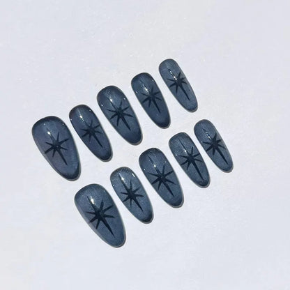 Unique Midnight Blue Starburst Nails | Press-On Stiletto Nails with Bold Black Stars