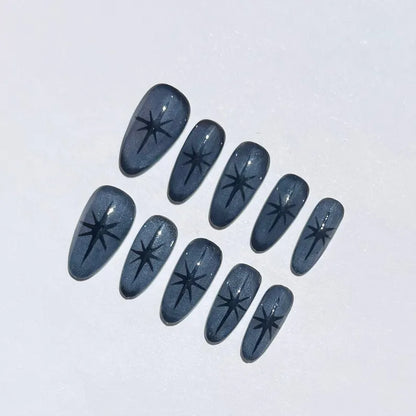 Unique Midnight Blue Starburst Nails | Press-On Stiletto Nails with Bold Black Stars
