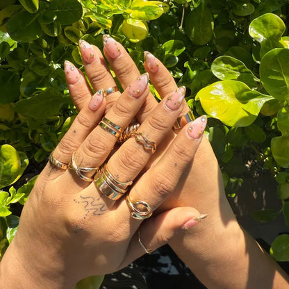 Romantic Pink and Golden Line Press-On Nails | Marble Art with Star Charms & Rhinestones