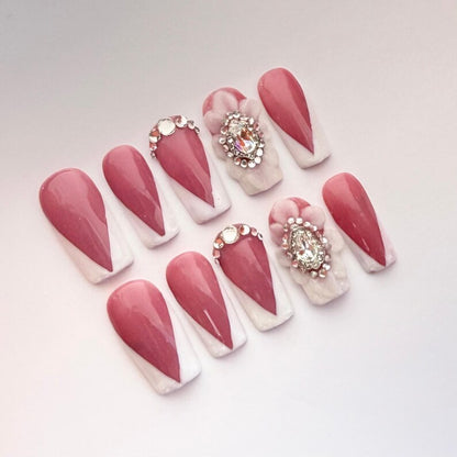 Square French Tip Press On Nails | White Tips with Rhinestones, Diamonds & Acrylic Flower