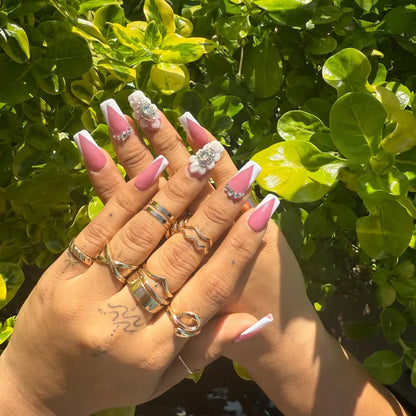 Square French Tip Press On Nails | White Tips with Rhinestones, Diamonds & Acrylic Flower