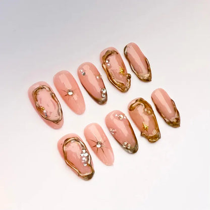 Pink and Gold Melted Edge Press On Nails |3D Border Design with Rhinestones |Star Gold Chrome Edges