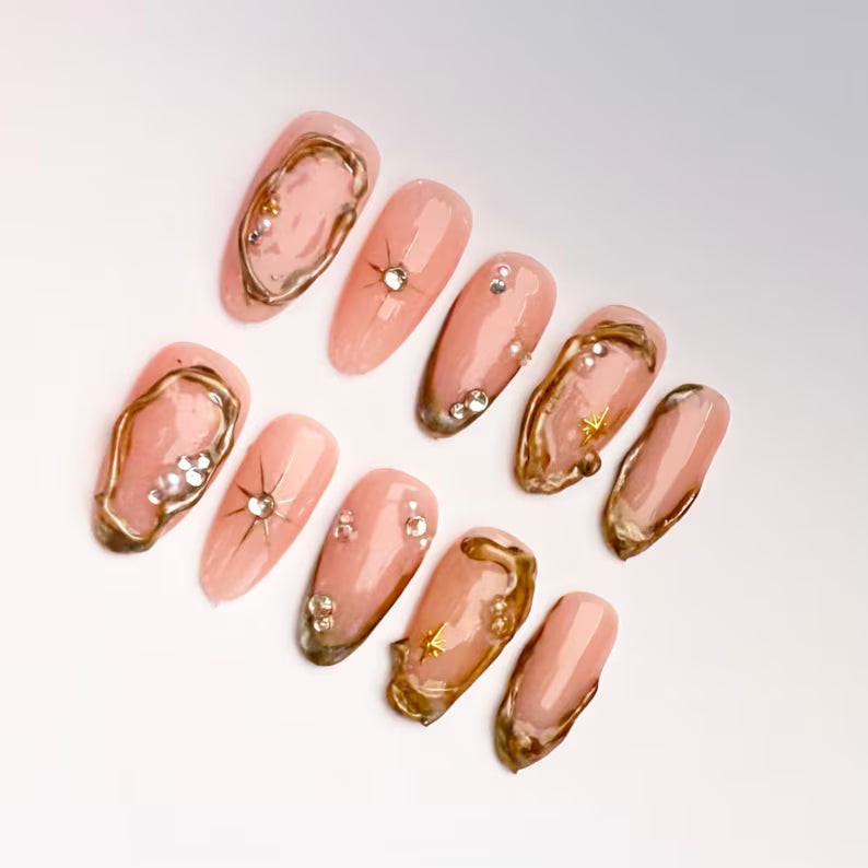 Pink and Gold Melted Edge Press On Nails |3D Border Design with Rhinestones |Star Gold Chrome Edges