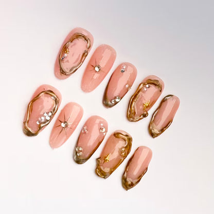 Pink and Gold Melted Edge Press On Nails |3D Border Design with Rhinestones |Star Gold Chrome Edges