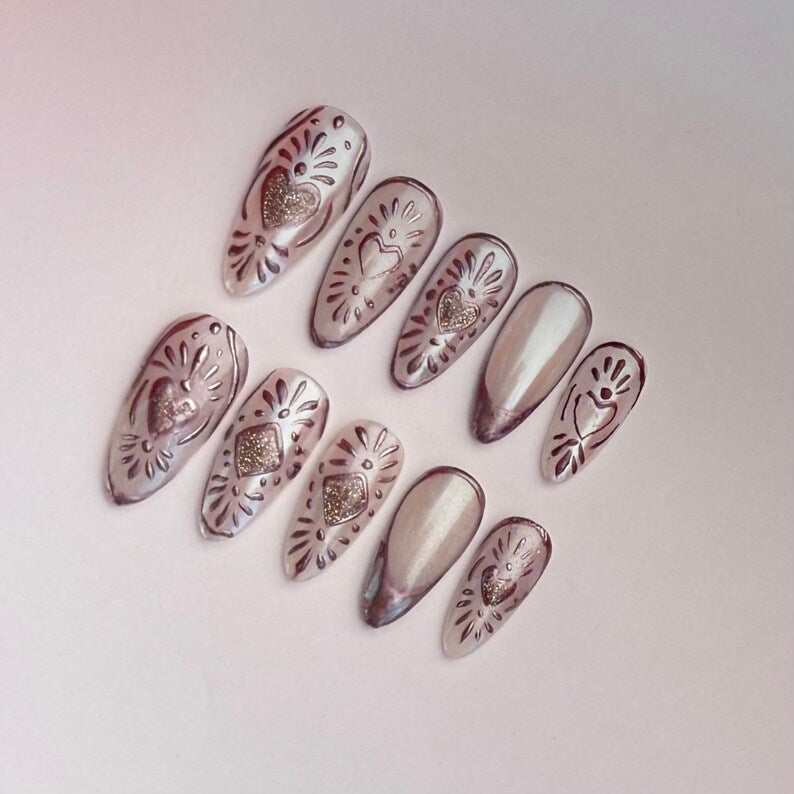 Rose Gold Chrome Press On Nails | Milky White Base with Rose Gold French Accent on Ring Finger