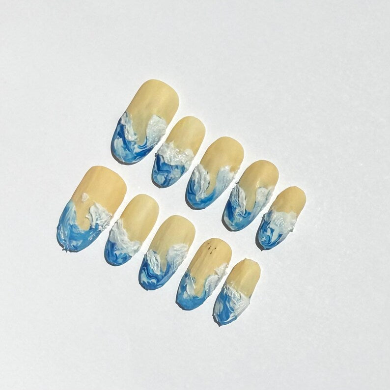 Ocean Wave Press On Nails | Beach Inspired Nail Art | Blue and White 3D Wave Design