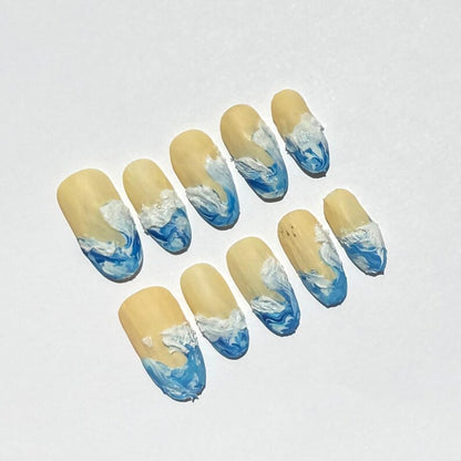 Ocean Wave Press On Nails | Beach Inspired Nail Art | Blue and White 3D Wave Design