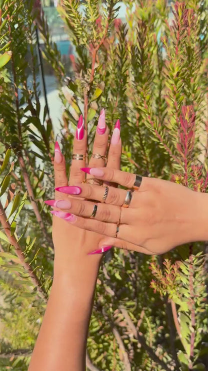 Strawberry Lemonade Swirl Press-On Nails – Pink Ombre Marble Long Stiletto