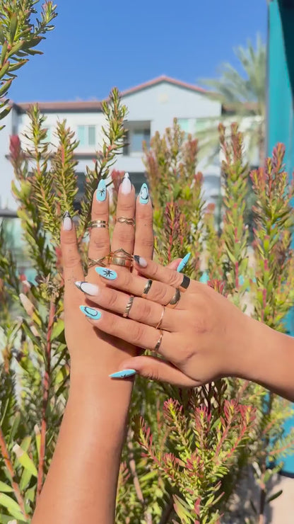 Blue Chrome Star Long Stiletto Press On Nails |Silver Outline 3D Design |Trendy Celestial Nails