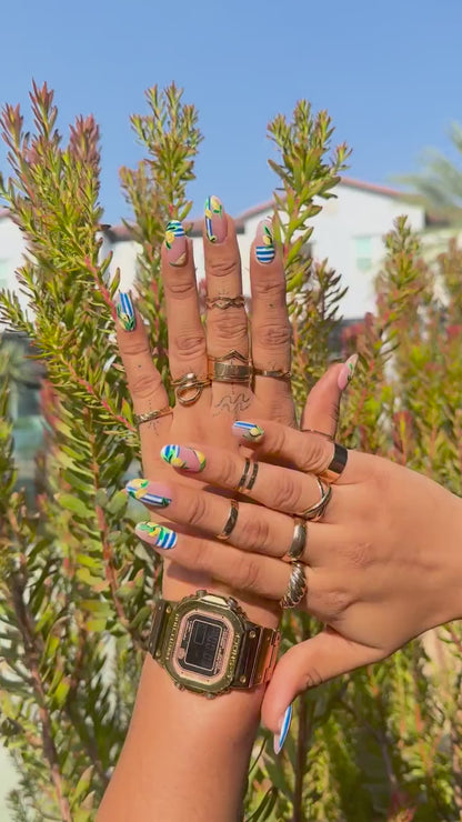 Lemon Lime Press-On Nails – Nude Base Blue Stripe Summer Set