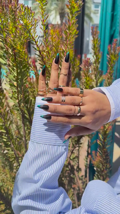 Black & Teal Ombre Press-On Nails – Glossy Stiletto French Tip Set