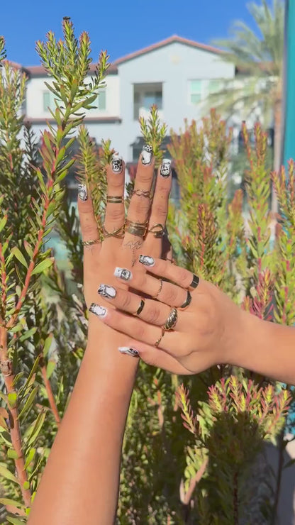 Silver Chrome Cute Cow Print Abstract Press On Nails | Metallic 3D Gel Nails | Black & White Animal Print Nail Set