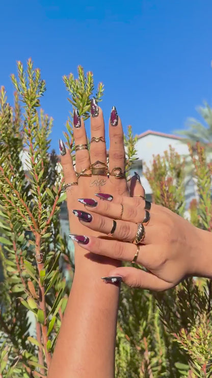 3D Chrome Burgundy Press On Nails | Silver Molten Metal Design with Pearls | Luxury Long Stiletto Nails