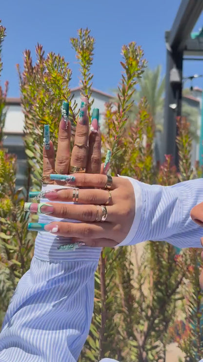 Summer Beach Press-On Nails| Ocean Blue Green Mermaid Set with 3D Shells, Starfish & Flowers |Bikini Nail Art