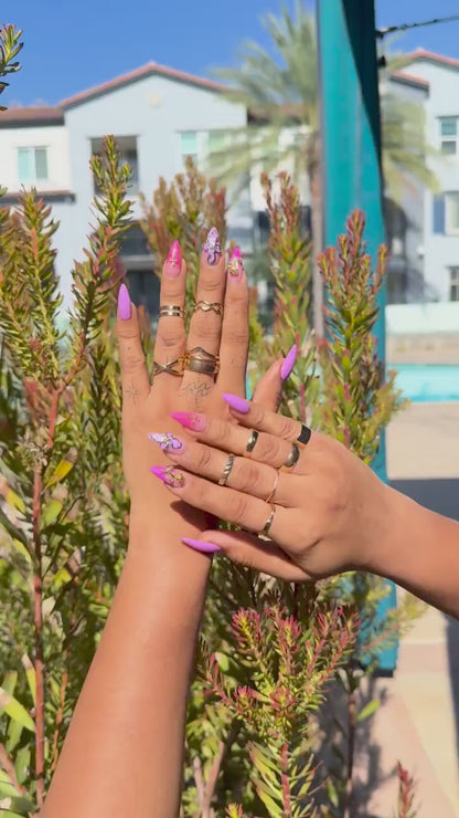 Luxury 3D Purple Ombre Floral Press On Nails | Gold Rose & Cross Accents | Long Coffin French Tips