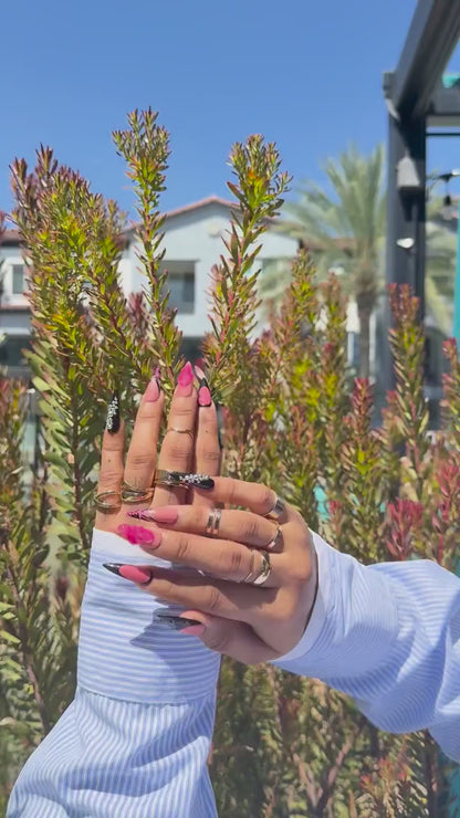 Black & Nude 3D Floral Stiletto Press-On Nails – Rhinestone Glam