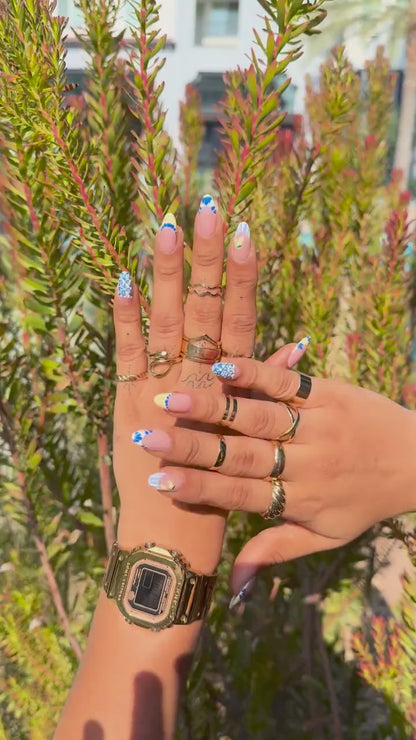 Blue & Yellow Lemon Press-On Nails – Mediterranean Floral French Tip Coffin Set