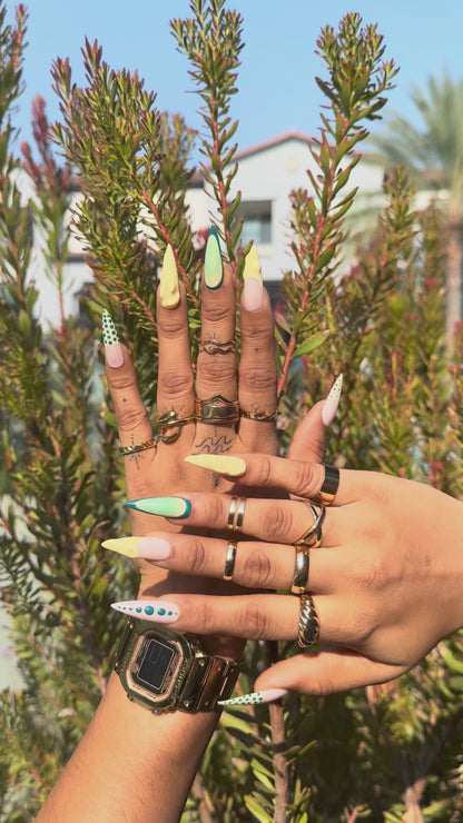 Green & Yellow Polka Dot Stiletto Press On Nails | Abstract Geometric Fake Nail Set
