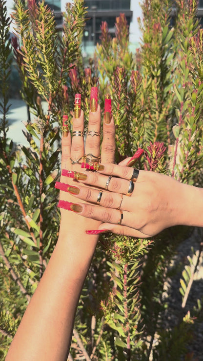 Luxury Gold Chrome Flame Nails with 3D Red Design & Charm Accents | Customizable Initial Press On Nails