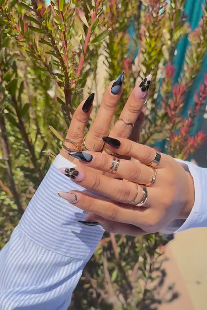 Pink Black Floral Almond Nails |Silver Chrome Outline Design |Classy Press On Nail Set