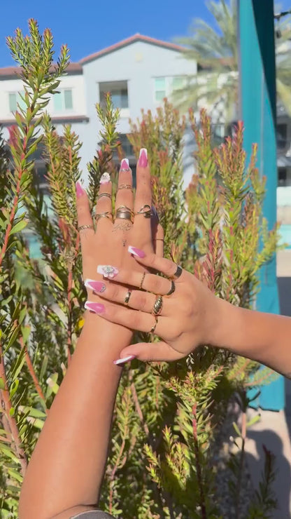 Square French Tip Press On Nails | White Tips with Rhinestones, Diamonds & Acrylic Flower