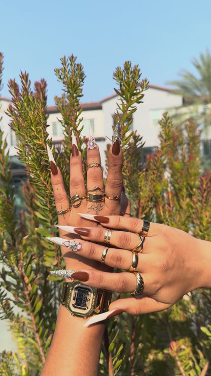 Brown Stiletto Press On Nails | French Tip Nails with 3D Flower & Rhinestones