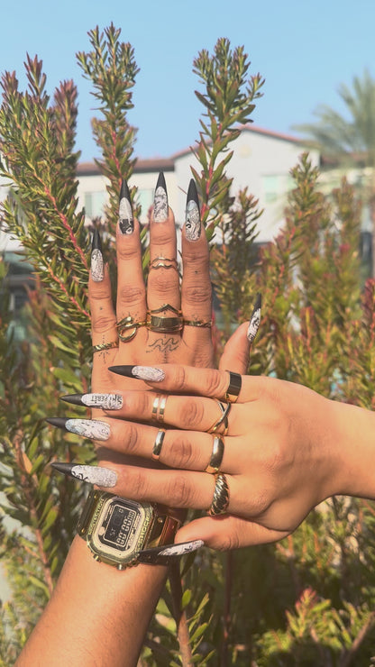 Retro Newspaper Design Press-On Nails | Black Long Stiletto Nails | Vintage Nail Art Set