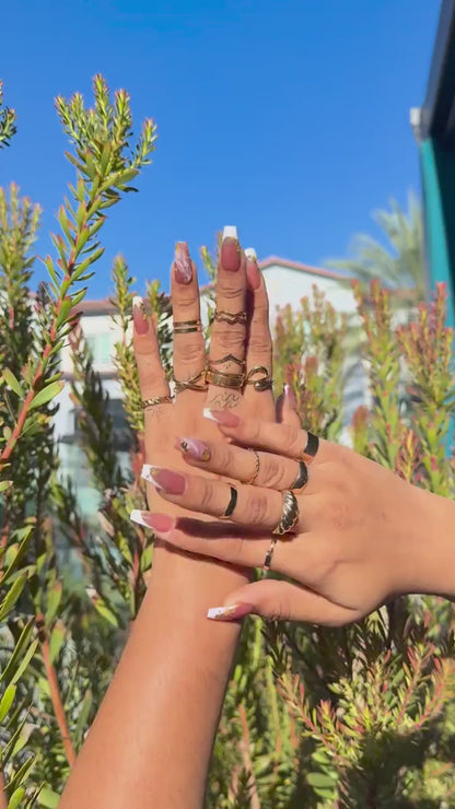 White French Tip Press On Nails | Handmade Nude Base Coffin Gel Nails with Marble & Gold Foil Art