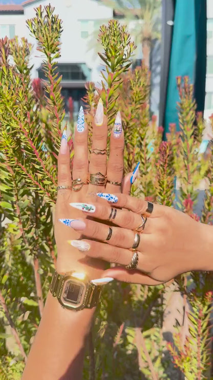 Blue Floral Lemon Press-On Nails – Mediterranean Summer Almond Set