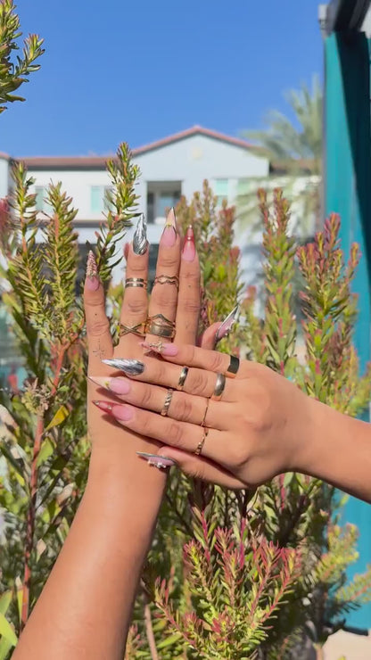 Luxury Burgundy & Silver Chrome Press On Nails |Cross and Star Charms | Long Stiletto Animal Print Nails