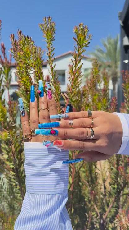 3D Ocean Mermaid Press On Nails | Blue Water Marble, Starfish, Lotus, Coral & Seashell Nail Art