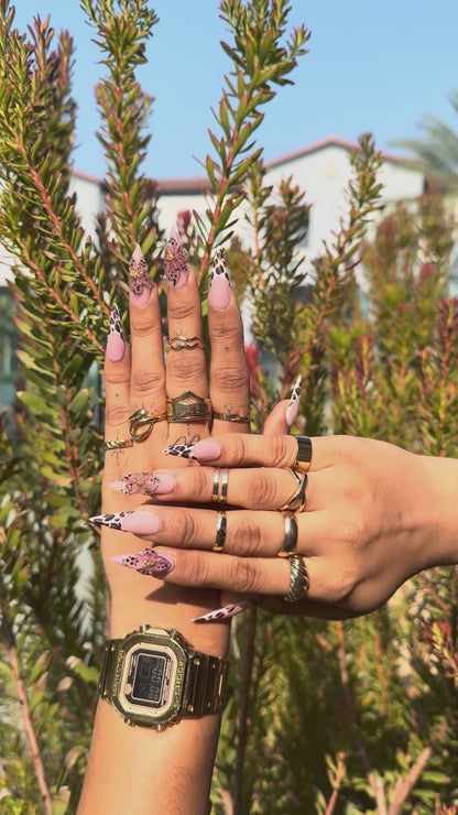 Leopard Print & Pink Floral Press-On Nails | Long Coffin Shape with Animal Print And 3D Flower Design