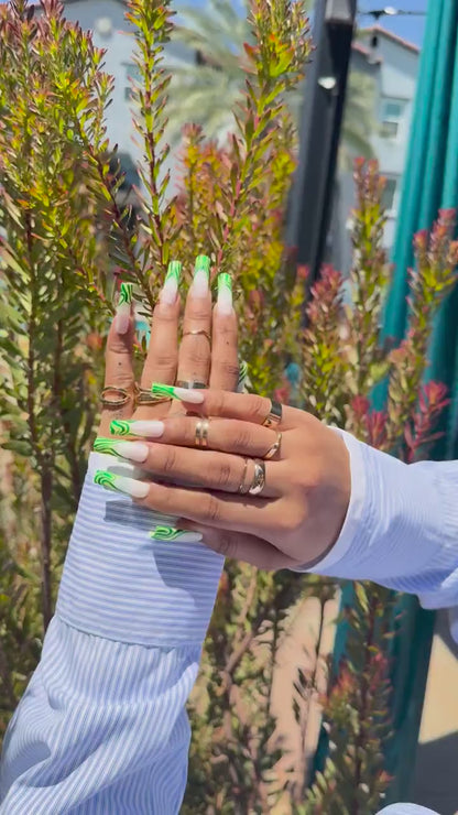 Summer Green Swirl Press On Nails |Abstract Wavy Nail Art| Handmade Coffin Nail Set