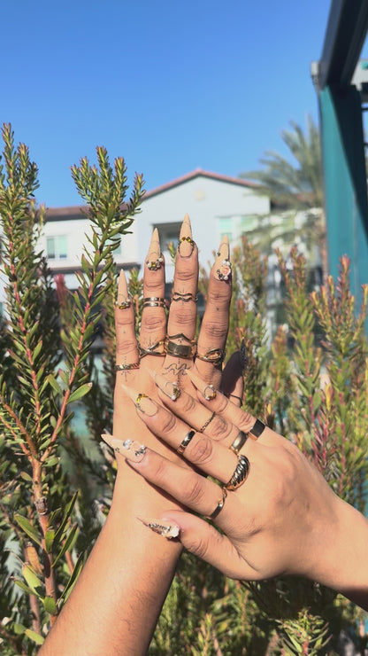 Nude Stiletto Press On Nails with 3D Peach Roses, Pearls & Gold Crystals | Elegant Luxury Chain Nail Set